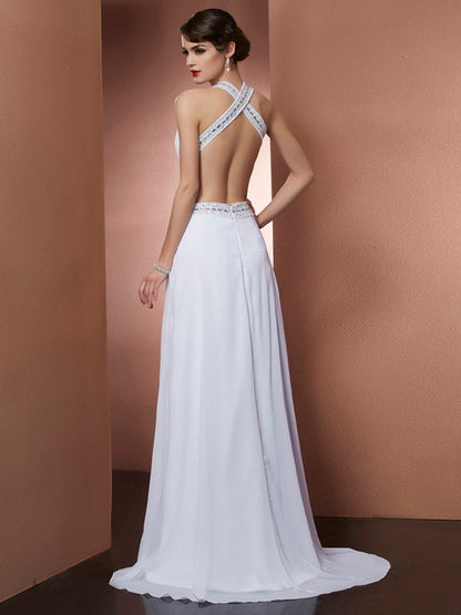 A-Line/Princess Bateau Sleeveless Beading Long Chiffon Dresses