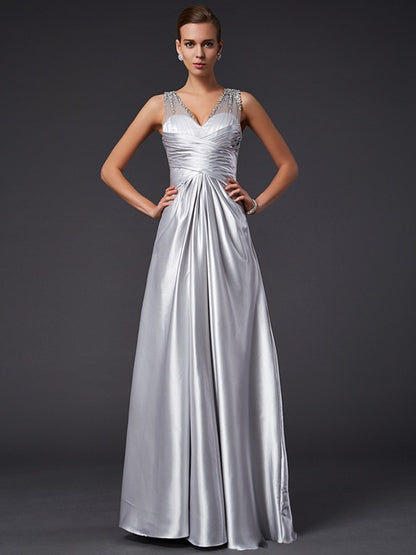 A-Line/Princess V-neck Sleeveless Beading Long  Woven Satin Dresses