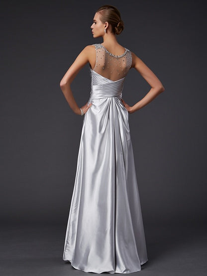 A-Line/Princess V-neck Sleeveless Beading Long  Woven Satin Dresses