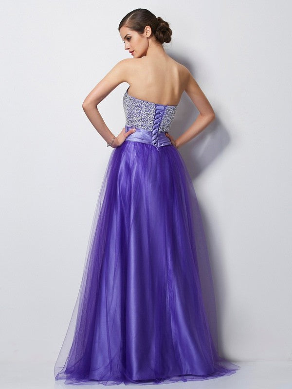 A-Line/Princess Sweetheart Sleeveless Beading Long Net Dresses