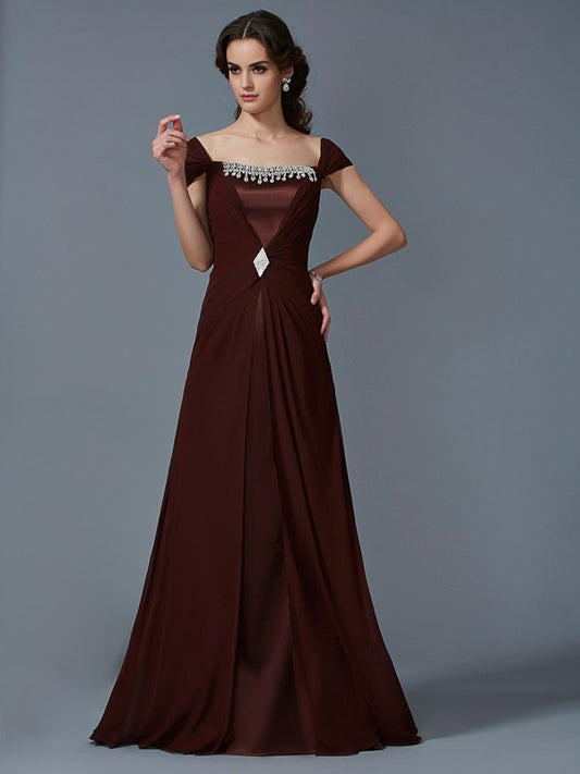 A-Line/Princess Strapless Short Sleeves Long Chiffon Dresses