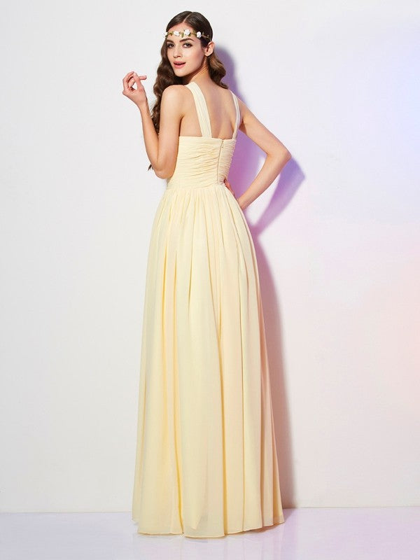 A-Line/Princess Bateau Sleeveless Pleats Long Chiffon Bridesmaid Dresses