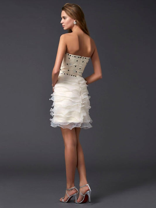 Sheath/Column Strapless Sleeveless Beading Short Tulle Homecoming Dresses