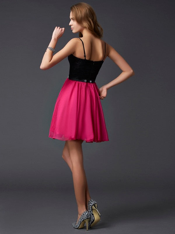 A-Line/Princess Spaghetti Straps Sleeveless Short Chiffon Homecoming Dresses