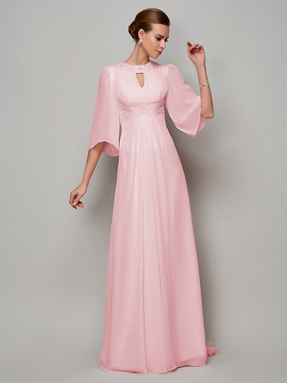 A-Line/Princess High Neck 1/2 Sleeves Beading Long Chiffon Mother of the Bride Dresses