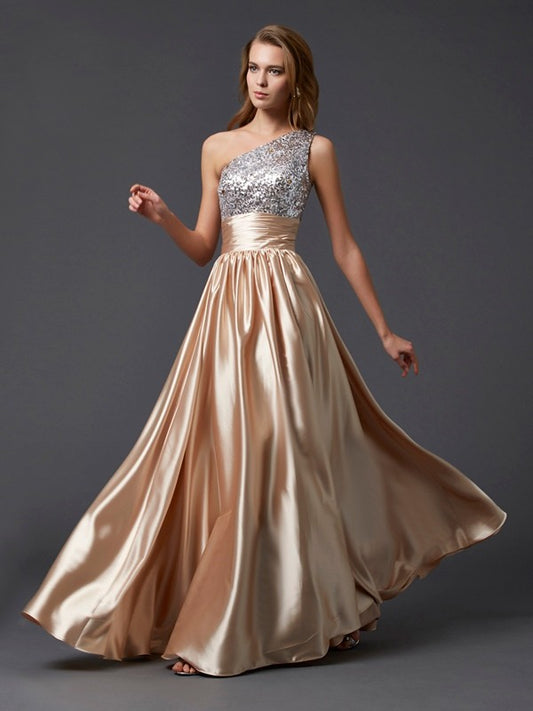 A-Line/Princess One-Shoulder Sleeveless Paillette Long  Woven Satin Dresses