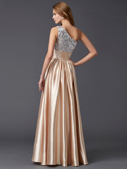 A-Line/Princess One-Shoulder Sleeveless Paillette Long  Woven Satin Dresses