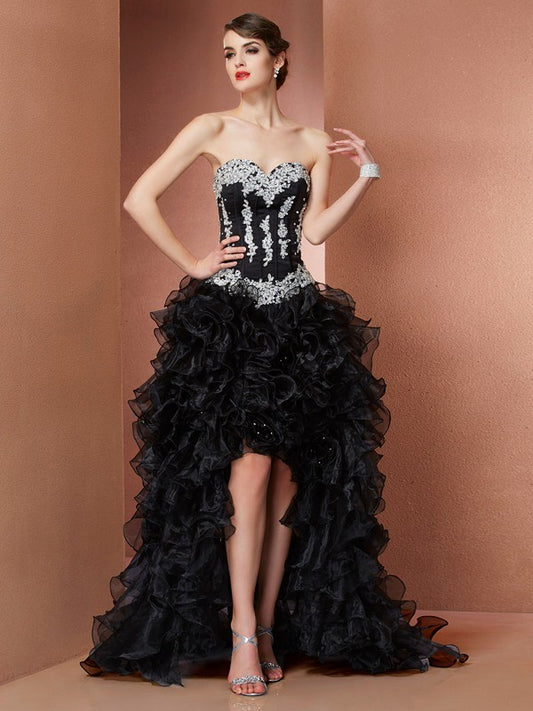 A-Line/Princess Strapless Sleeveless Beading High Low Taffeta Dresses