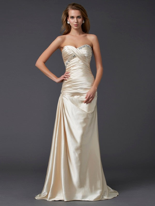 Sheath/Column Sweetheart Sleeveless Beading Long  Woven Satin Dresses