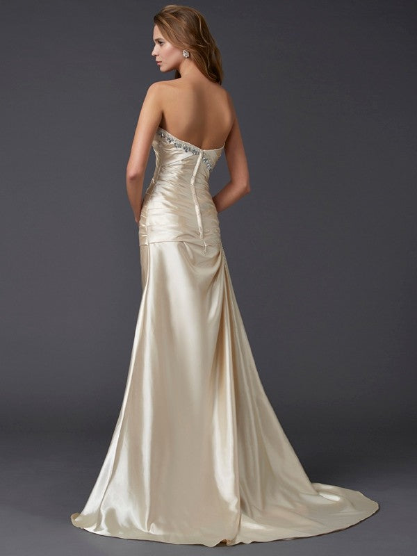 Sheath/Column Sweetheart Sleeveless Beading Long  Woven Satin Dresses