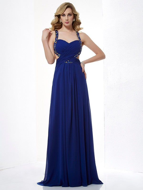 A-Line/Princess Halter Sleeveless Beading Long Chiffon Dresses