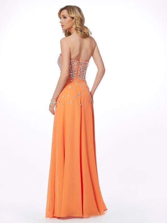 A-Line/Princess Sweetheart Sleeveless Rhinestone Long Chiffon Dresses