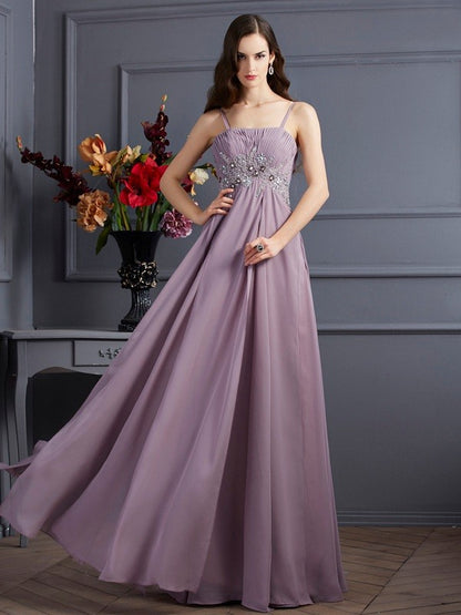 Empire Spaghetti Straps Sleeveless Beading Long Chiffon Dresses