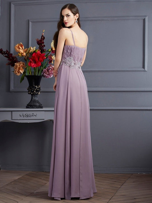 Empire Spaghetti Straps Sleeveless Beading Long Chiffon Dresses