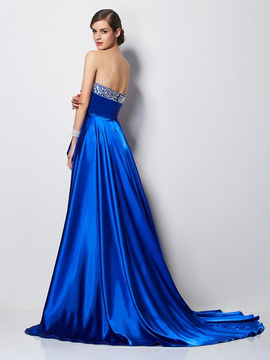 A-Line/Princess Sweetheart Sleeveless Beading High Low  Woven Satin Dresses