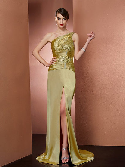 Sheath/Column One-Shoulder Sleeveless Beading Long  Woven Satin Dresses