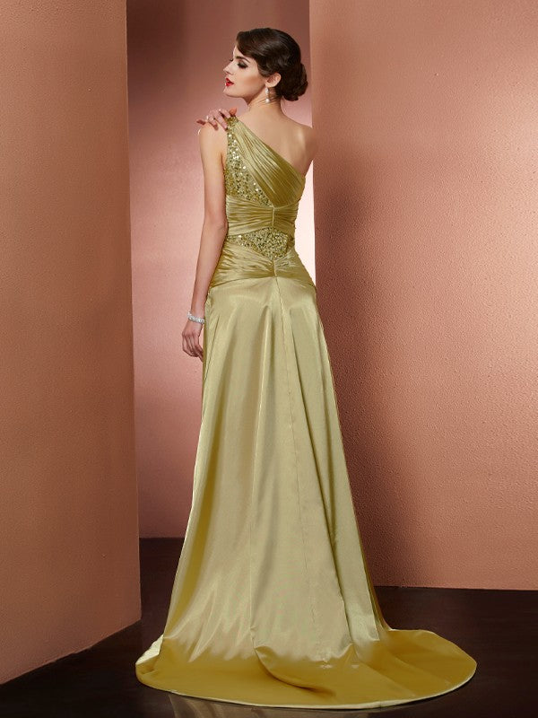 Sheath/Column One-Shoulder Sleeveless Beading Long  Woven Satin Dresses