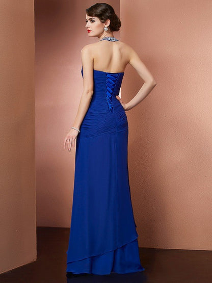 Sheath/Column Halter Sleeveless Beading Long Chiffon Dresses