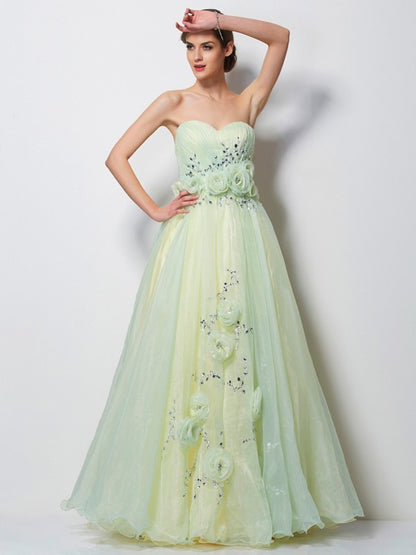 A-Line/Princess Sweetheart Sleeveless Hand-Made Flower Long Tulle Dresses