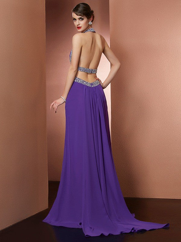 A-Line/Princess Halter Sleeveless Beading Long Chiffon Dresses