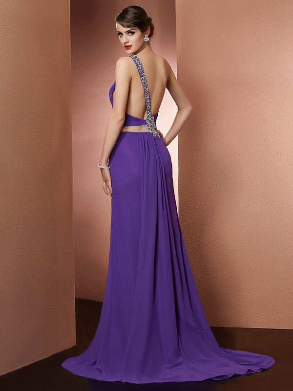 A-Line/Princess One-Shoulder Sleeveless Beading Long Chiffon Dresses