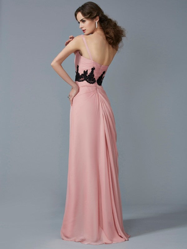 A-Line/Princess One-Shoulder Sleeveless Beading Long Applique Chiffon Dresses