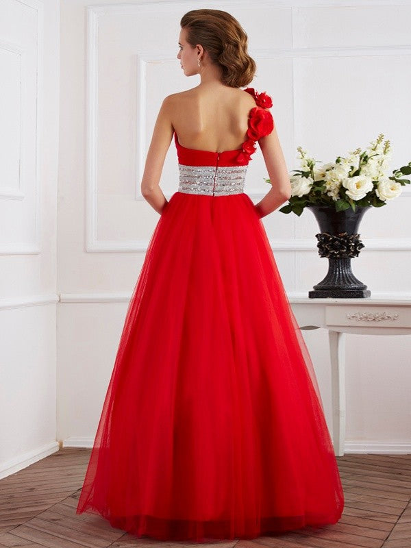 Ball Gown One-Shoulder Sleeveless Hand-Made Flower Long Net Quinceanera Dresses