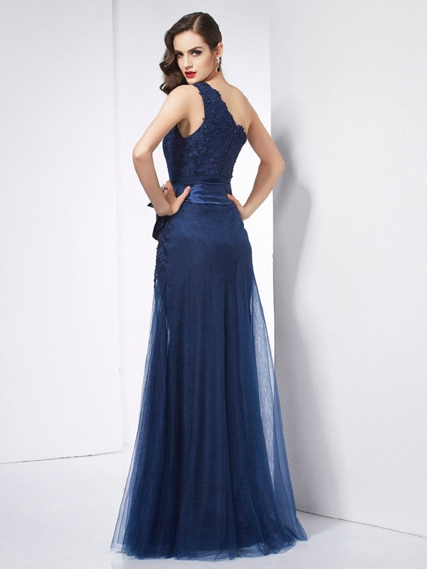 A-Line/Princess One-Shoulder Sleeveless Applique Long Net Dresses