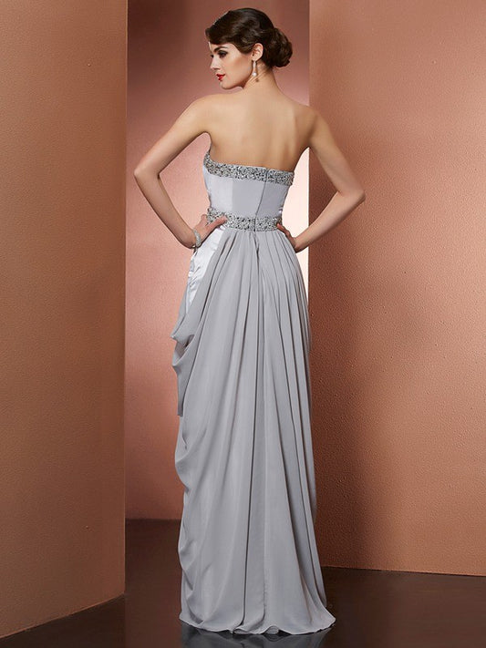 Sheath/Column Strapless Sleeveless Beading Long Chiffon Dresses