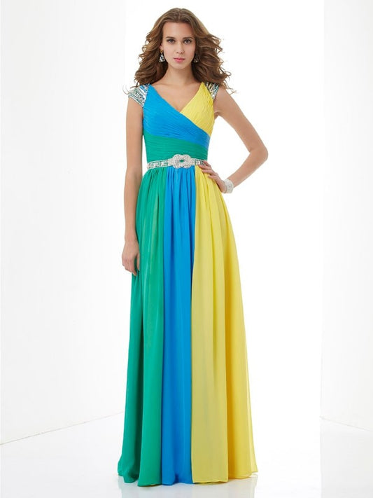 A-Line/Princess V-neck Short Sleeves Beading Long Chiffon Dresses