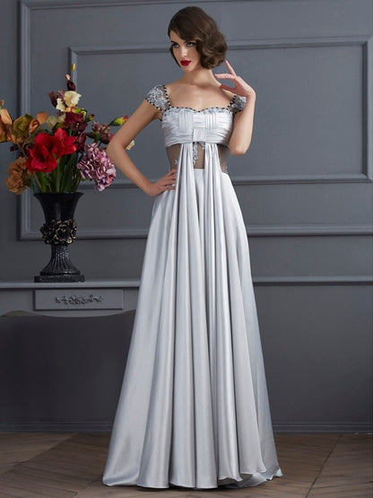 A-Line/Princess Off the Shoulder Sleeveless Pleats Long  Woven Satin Dresses