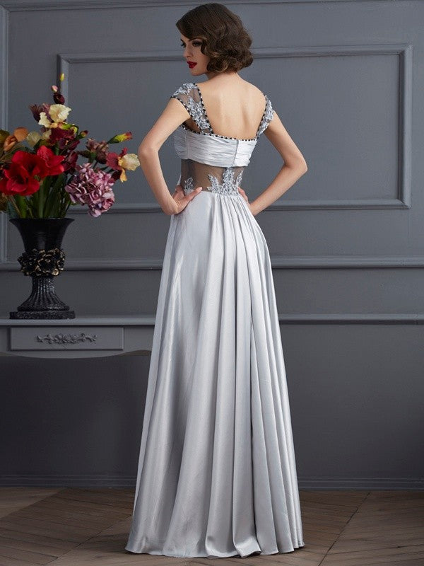 A-Line/Princess Off the Shoulder Sleeveless Pleats Long  Woven Satin Dresses