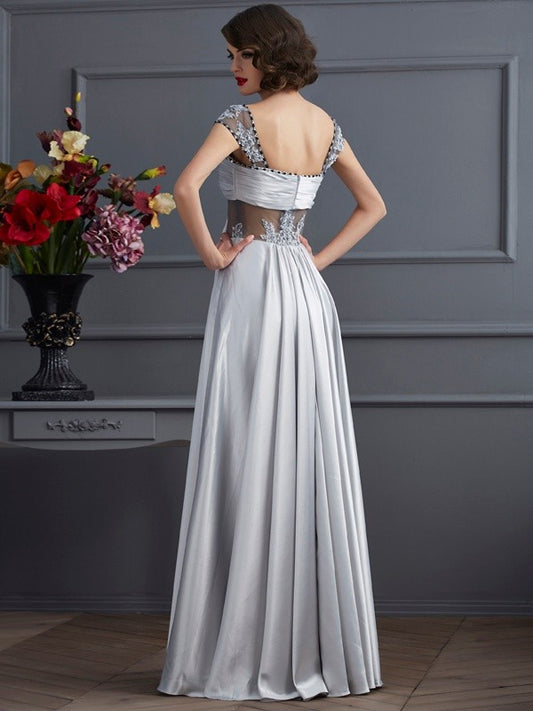 A-Line/Princess Off the Shoulder Sleeveless Pleats Long  Woven Satin Dresses