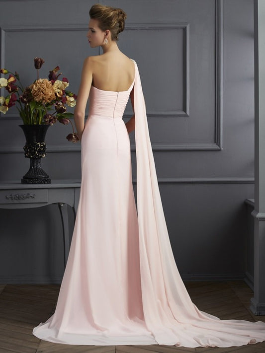 A-Line/Princess One-Shoulder Sleeveless Beading Long Chiffon Dresses