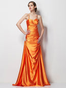 A-Line/Princess Spaghetti Straps Sleeveless Beading Long  Woven Satin Dresses