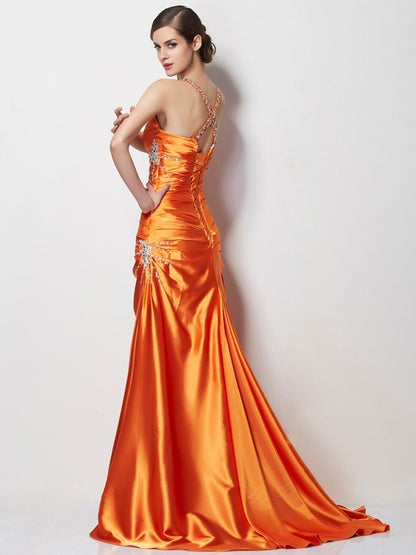 A-Line/Princess Spaghetti Straps Sleeveless Beading Long  Woven Satin Dresses