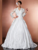 A-Line/Princess V-neck Long Sleeves Applique Long Satin Wedding Dresses