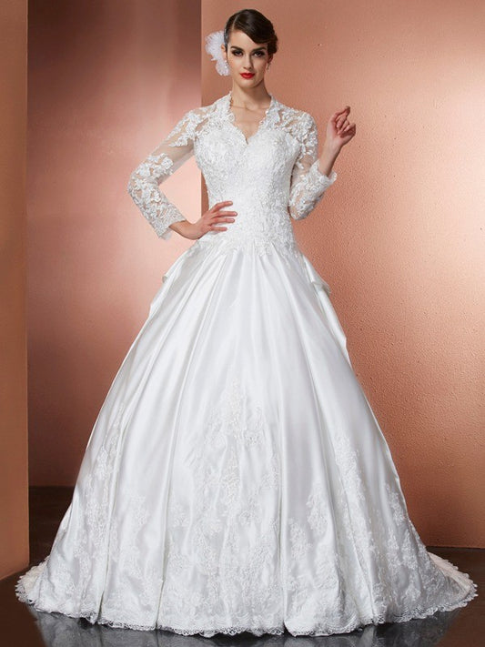 A-Line/Princess V-neck Long Sleeves Applique Long Satin Wedding Dresses