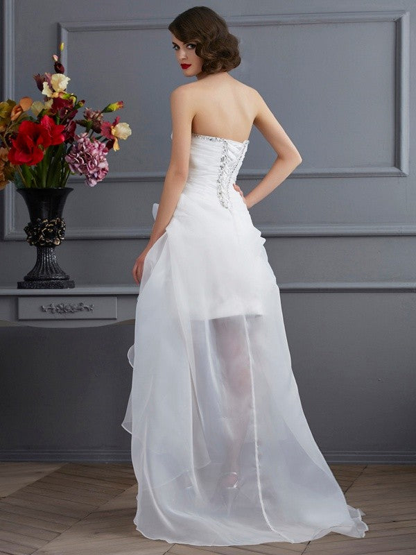 A-Line/Princess Sweetheart Sleeveless Beading High Low Organza Wedding Dresses