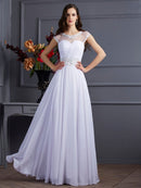 A-Line/Princess Bateau Short Sleeves Beading Long Chiffon Dresses