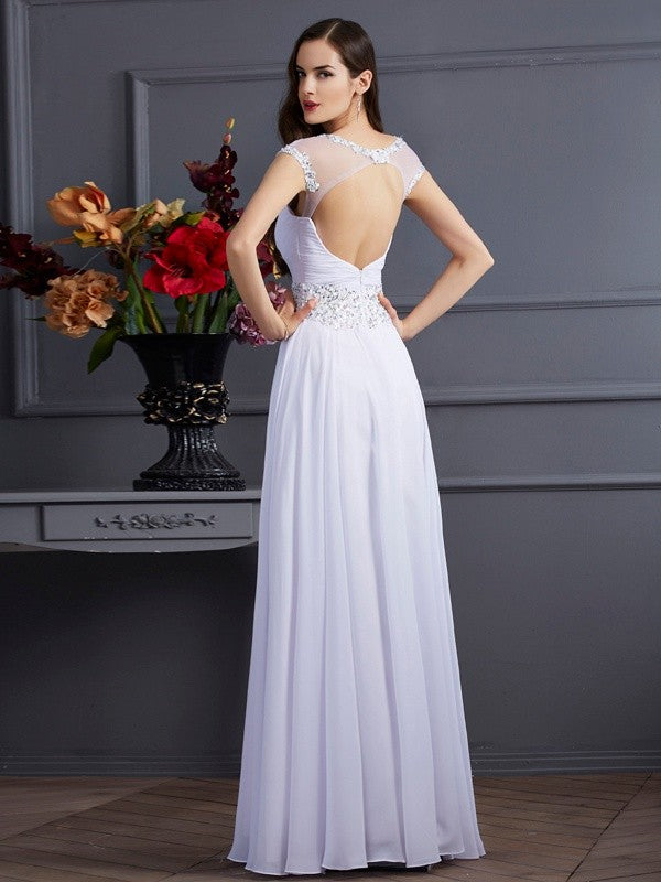 A-Line/Princess Bateau Short Sleeves Beading Long Chiffon Dresses