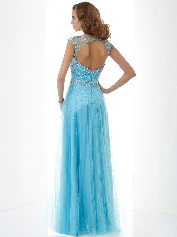 Sheath/Column High Neck Sleeveless Beading Long Net Dresses