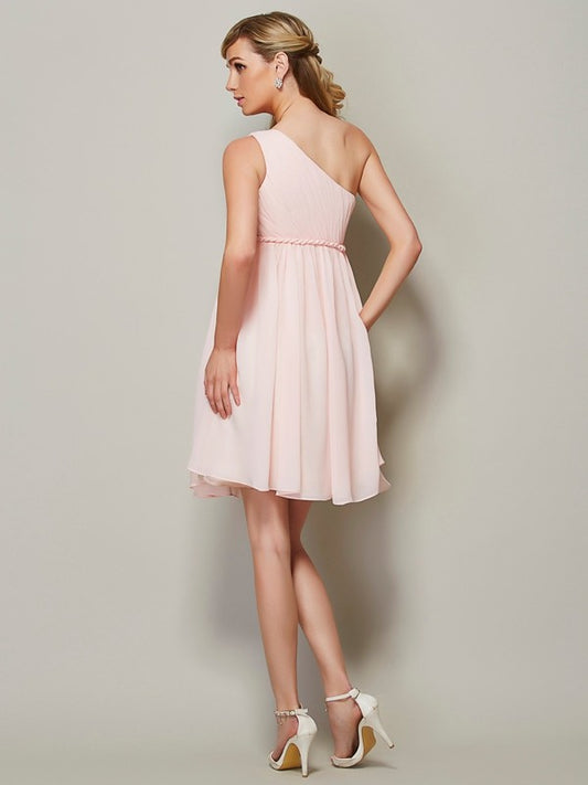 A-Line/Princess One-Shoulder Sleeveless Sash/Ribbon/Belt Short Chiffon Bridesmaid Dresses