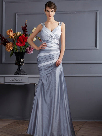 Trumpet/Mermaid Straps Sleeveless Pleats Long Satin Dresses