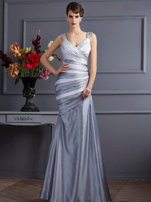 Trumpet/Mermaid Straps Sleeveless Pleats Long Satin Dresses