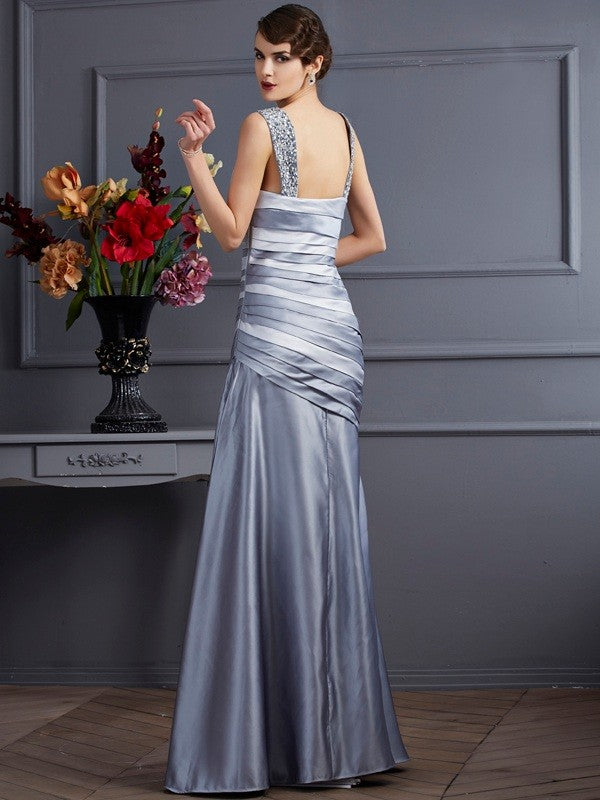 Trumpet/Mermaid Straps Sleeveless Pleats Long Satin Dresses