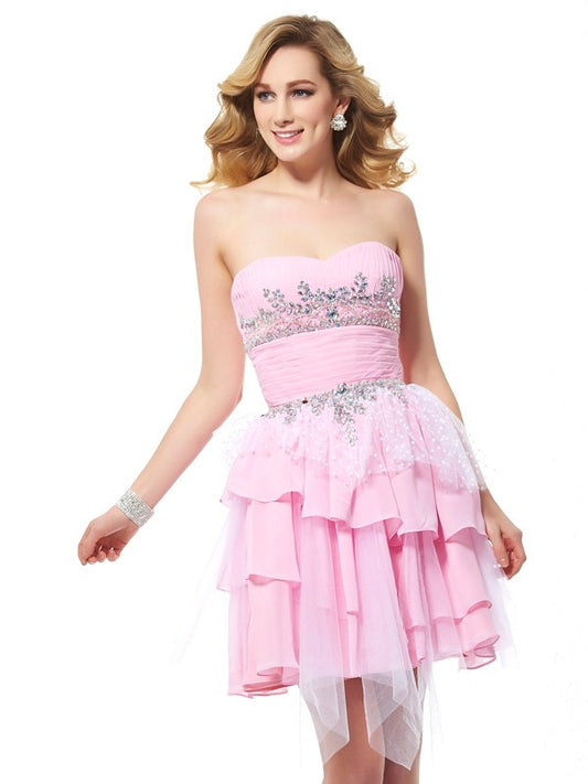 A-Line/Princess Sweetheart Sleeveless Beading Short Chiffon Homecoming Dresses