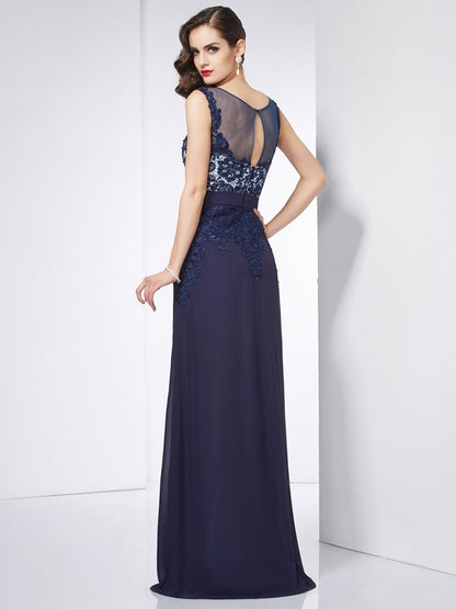 Sheath/Column V-neck Sleeveless Beading Applique Long Chiffon Dresses