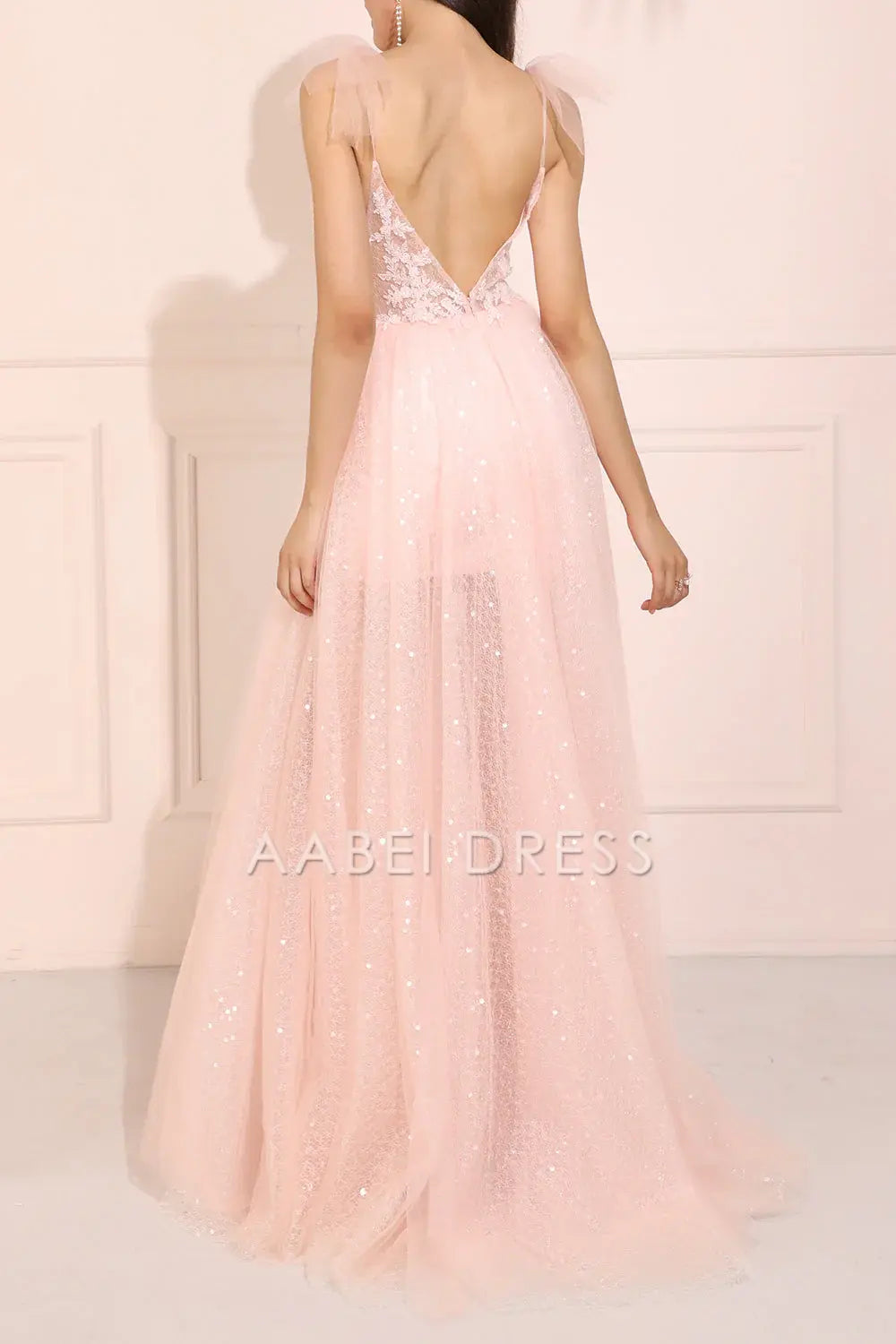 AABEI DRESS Hot Sale Prom Dress Gorgeous A Line Deep V Neck Appliques Backless Sparkle Long Party Dress