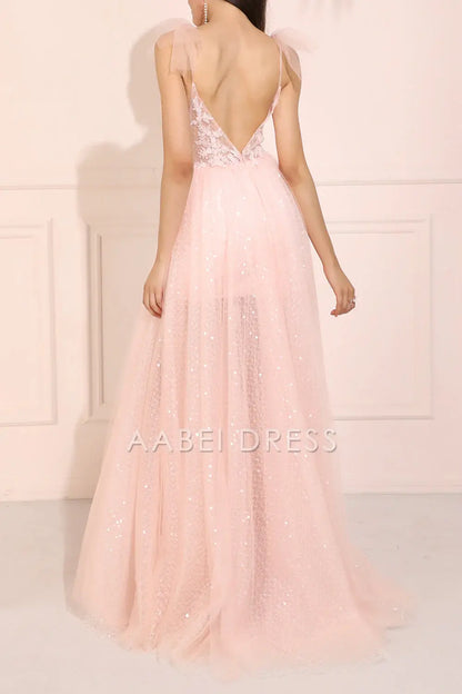 AABEI DRESS Hot Sale Prom Dress Gorgeous A Line Deep V Neck Appliques Backless Sparkle Long Party Dress